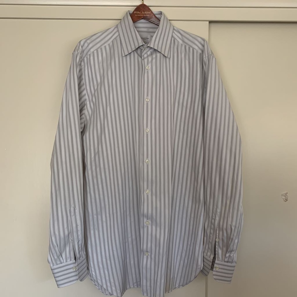 Ermenegildo Zegna Mens Button Up Shirt Gray Stripe